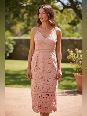 Lace Cut Out Midi Dress in Blush Pink